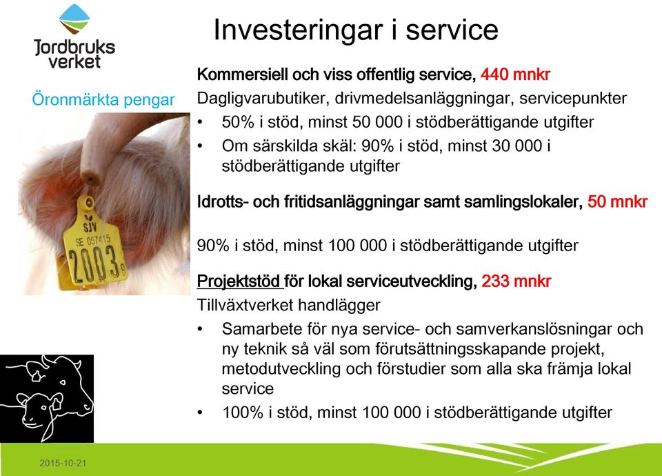 minst 100 000 i stödberättigande utgifter Projektstöd för lokal serviceutveckling, 233 mnkr Tillväxtverket handlägger Samarbete för nya service- och samverkanslösningar och ny