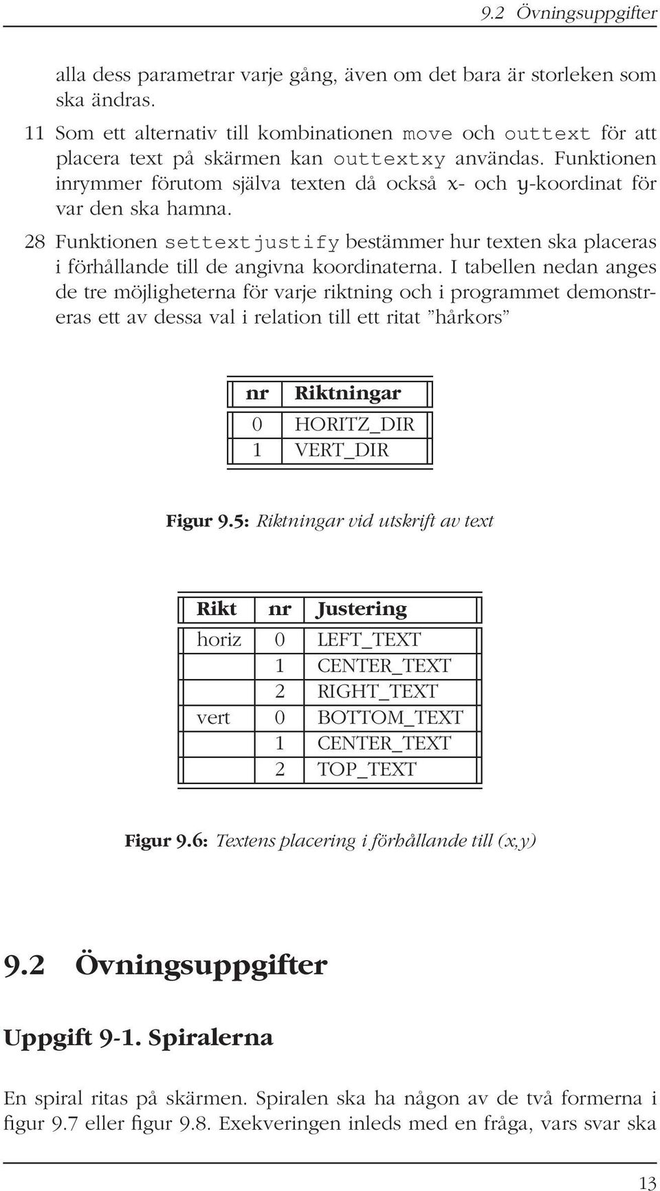 Funktionen inrymmer förutom själva texten då också x- och y-koordinat för var den ska hamna. 28 Funktionen settextjustify bestämmer hur texten ska placeras i förhållande till de angivna koordinaterna.
