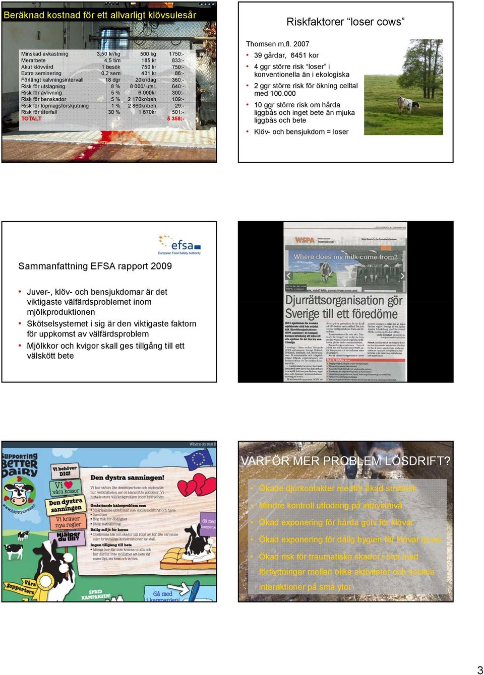 640:- Risk för avlivning 5 % 6 000kr 300:- Risk för benskador 5 % 2 170kr/beh 109:- Risk för löpmagsförskjutning 1 % 2 860kr/beh 29:- Risk för återfall 30 % 1 670kr 501:- TOTALT 5 358:- Thomsen m.fl.