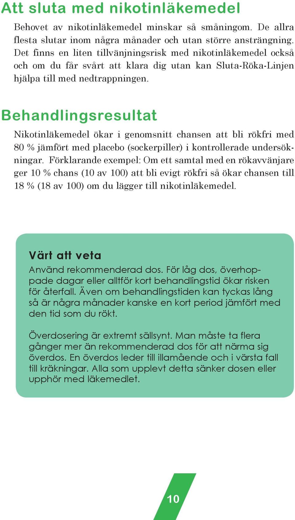 Behandlingsresultat Nikotinläkemedel ökar i genomsnitt chansen att bli rökfri med 80 % jämfört med placebo (sockerpiller) i kontrollerade undersökningar.