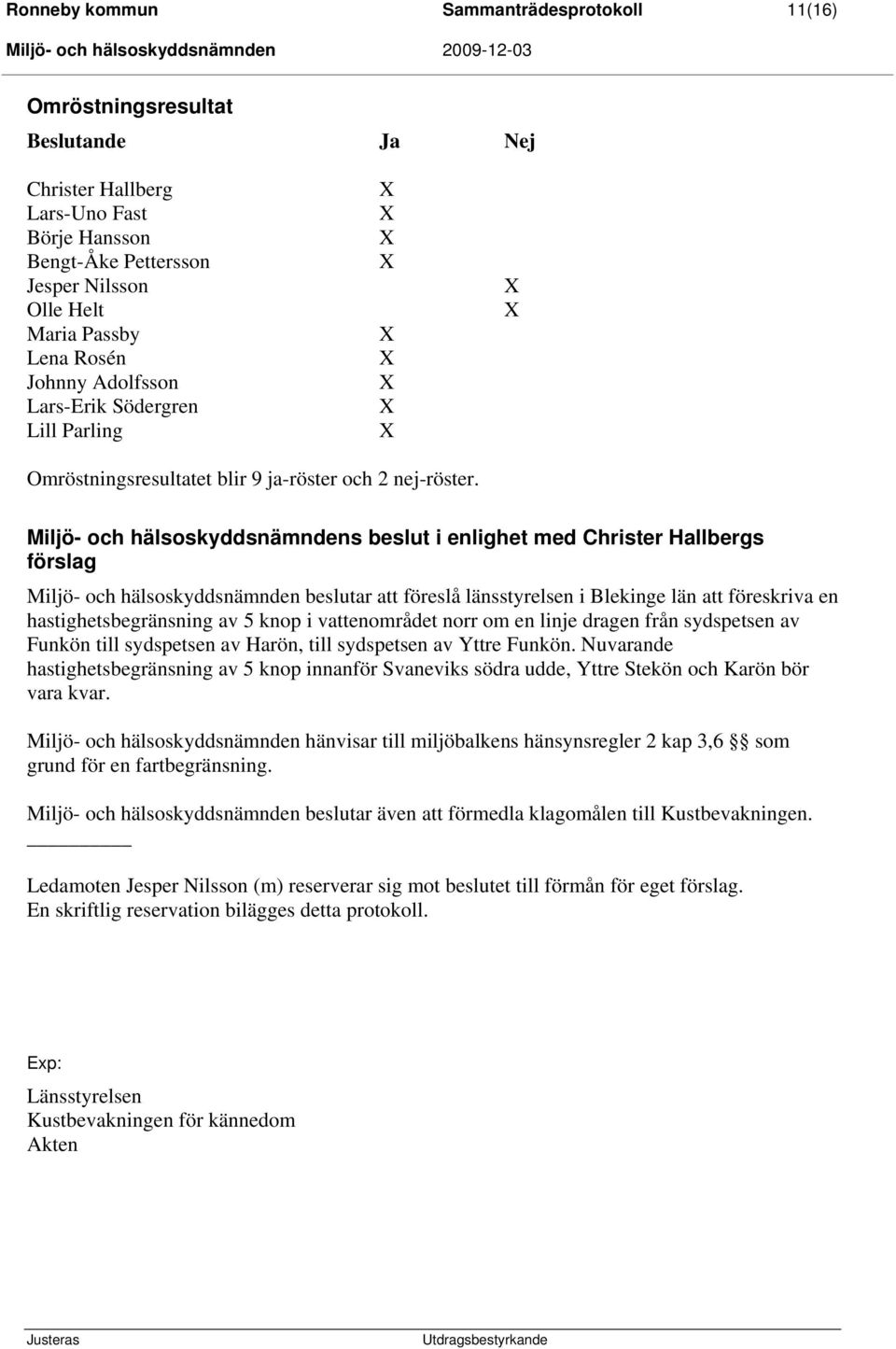 Miljö- och hälsoskyddsnämndens beslut i enlighet med Christer Hallbergs förslag Miljö- och hälsoskyddsnämnden beslutar att föreslå länsstyrelsen i Blekinge län att föreskriva en hastighetsbegränsning