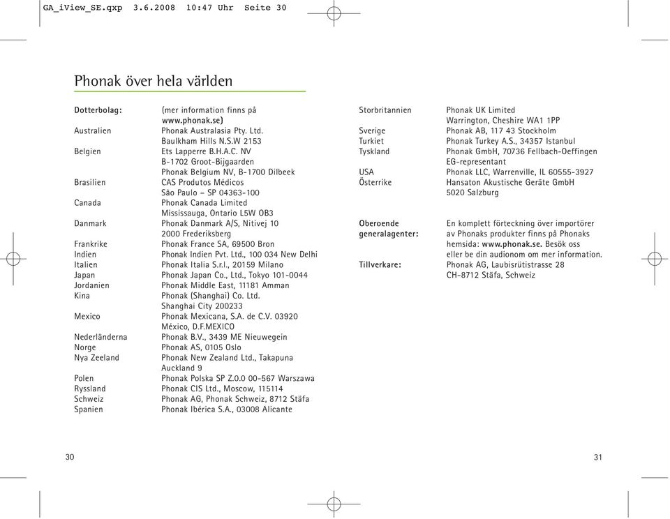 NV B-1702 Groot-Bijgaarden Phonak Belgium NV, B-1700 Dilbeek Brasilien CAS Produtos Médicos São Paulo SP 04363-100 Canada Phonak Canada Limited Mississauga, Ontario L5W OB3 Danmark Phonak Danmark