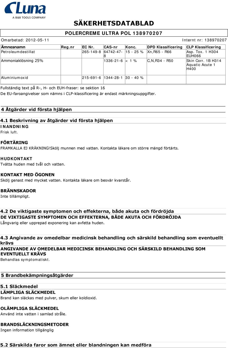 1B H314 Aquatic Acute 1 H400 Aluminiumoxid 215-691-6 1344-28-1 30-40 % Fullständig text på R, H och EUH fraser: se sektion 16 De EU faroangivelser som nämns i CLP klassificering är endast