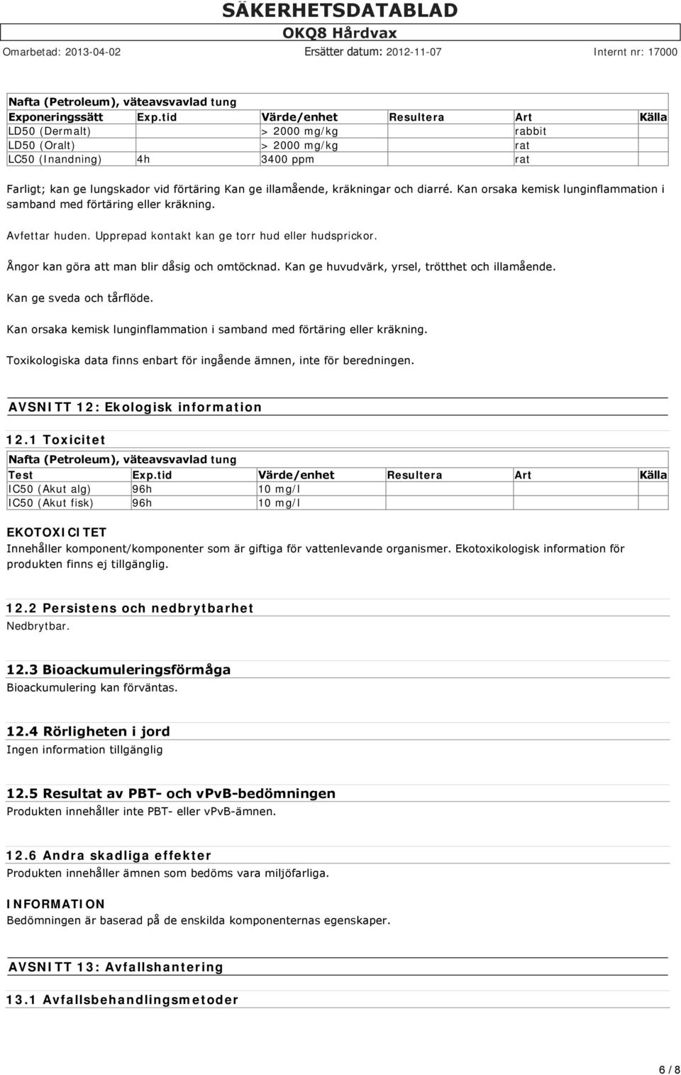 kräkningar och diarré. Kan orsaka kemisk lunginflammation i samband med förtäring eller kräkning. Avfettar huden. Upprepad kontakt kan ge torr hud eller hudsprickor.