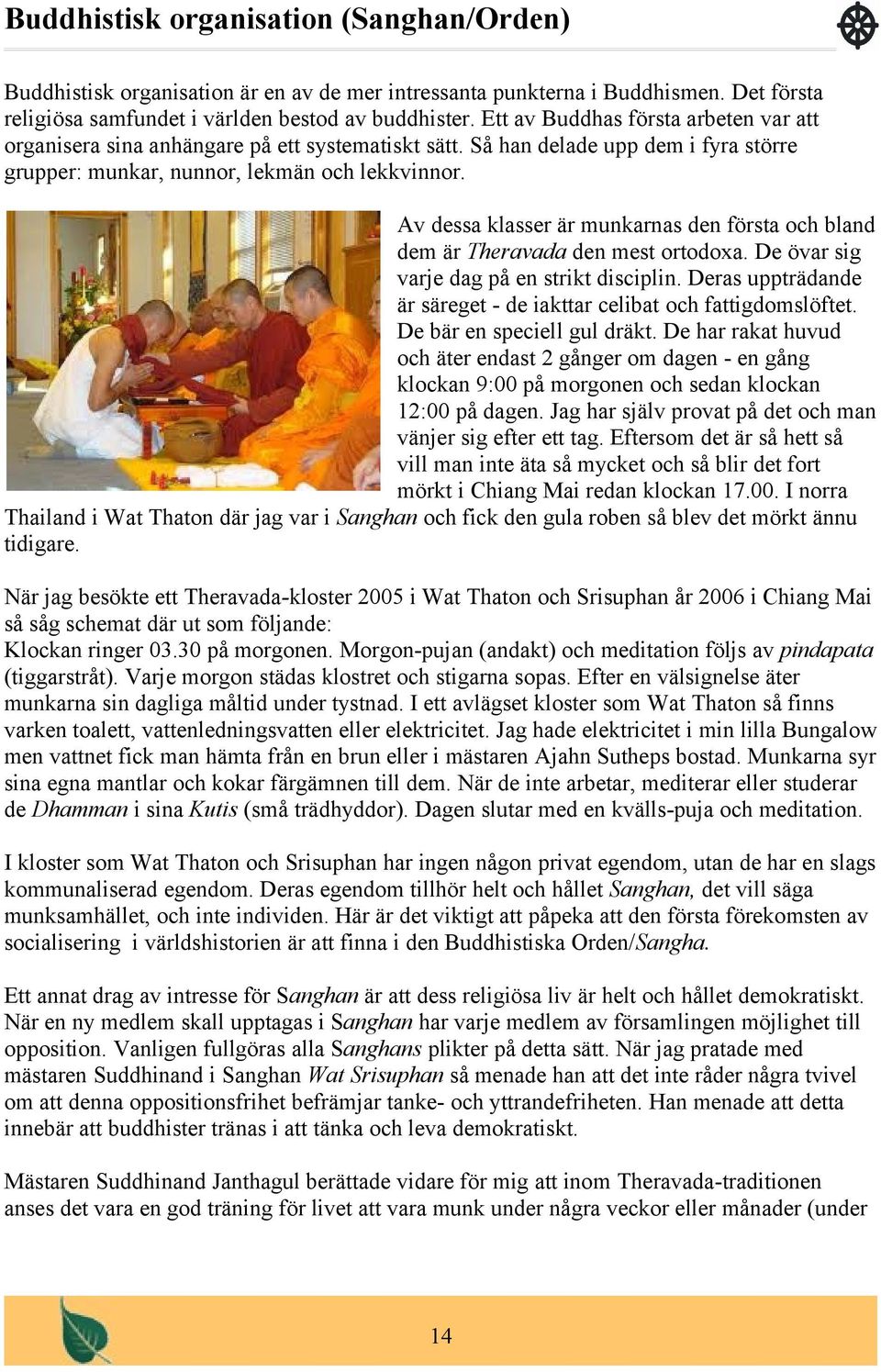 Av dessa klasser är munkarnas den första och bland dem är Theravada den mest ortodoxa. De övar sig varje dag på en strikt disciplin.