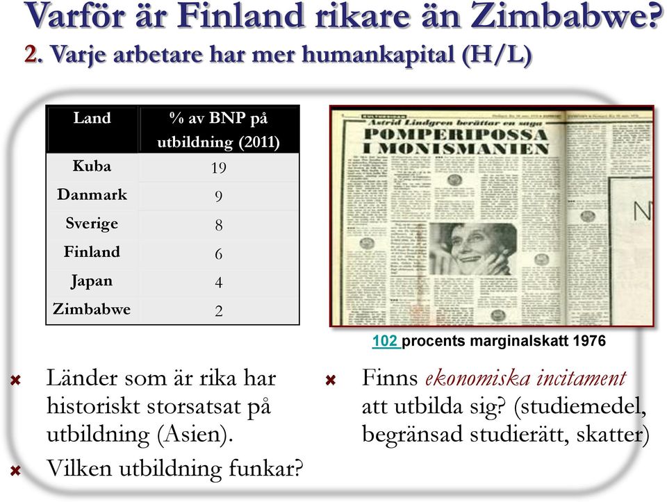 Sverige 8 Finland 6 Japan 4 Zimbabwe 2 Länder som är rika har historiskt storsatsat på utbildning