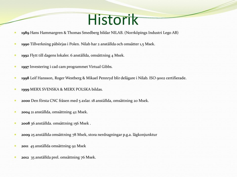 1998 Leif Hansson, Roger Westberg & Mikael Pennryd blir delägare i Nilab. ISO 9002 certifierade. 1999 MERX SVENSKA & MERX POLSKA bildas. 2000 Den första CNC fräsen med 5 axlar.