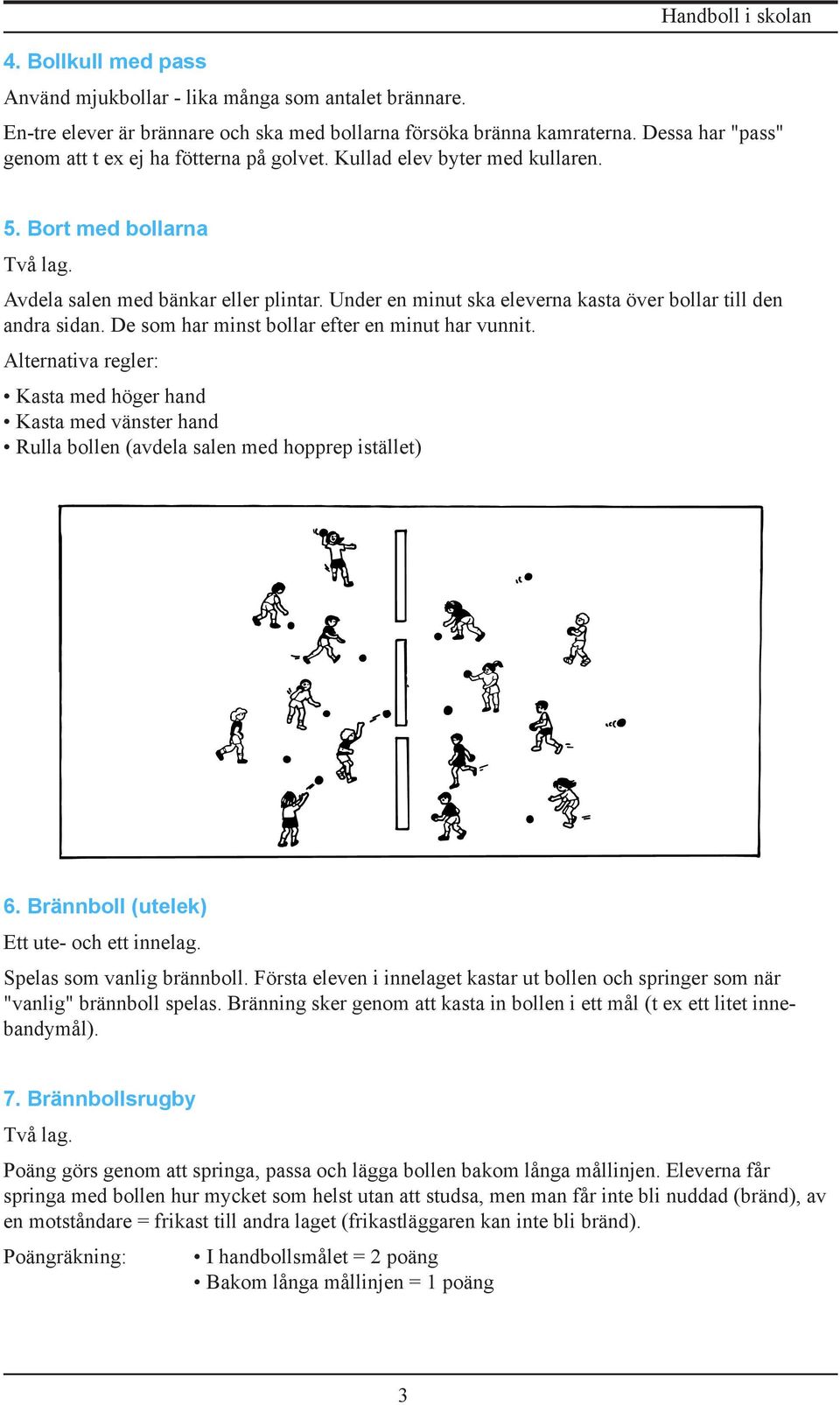 Under en minut ska eleverna kasta över bollar till den andra sidan. De som har minst bollar efter en minut har vunnit.