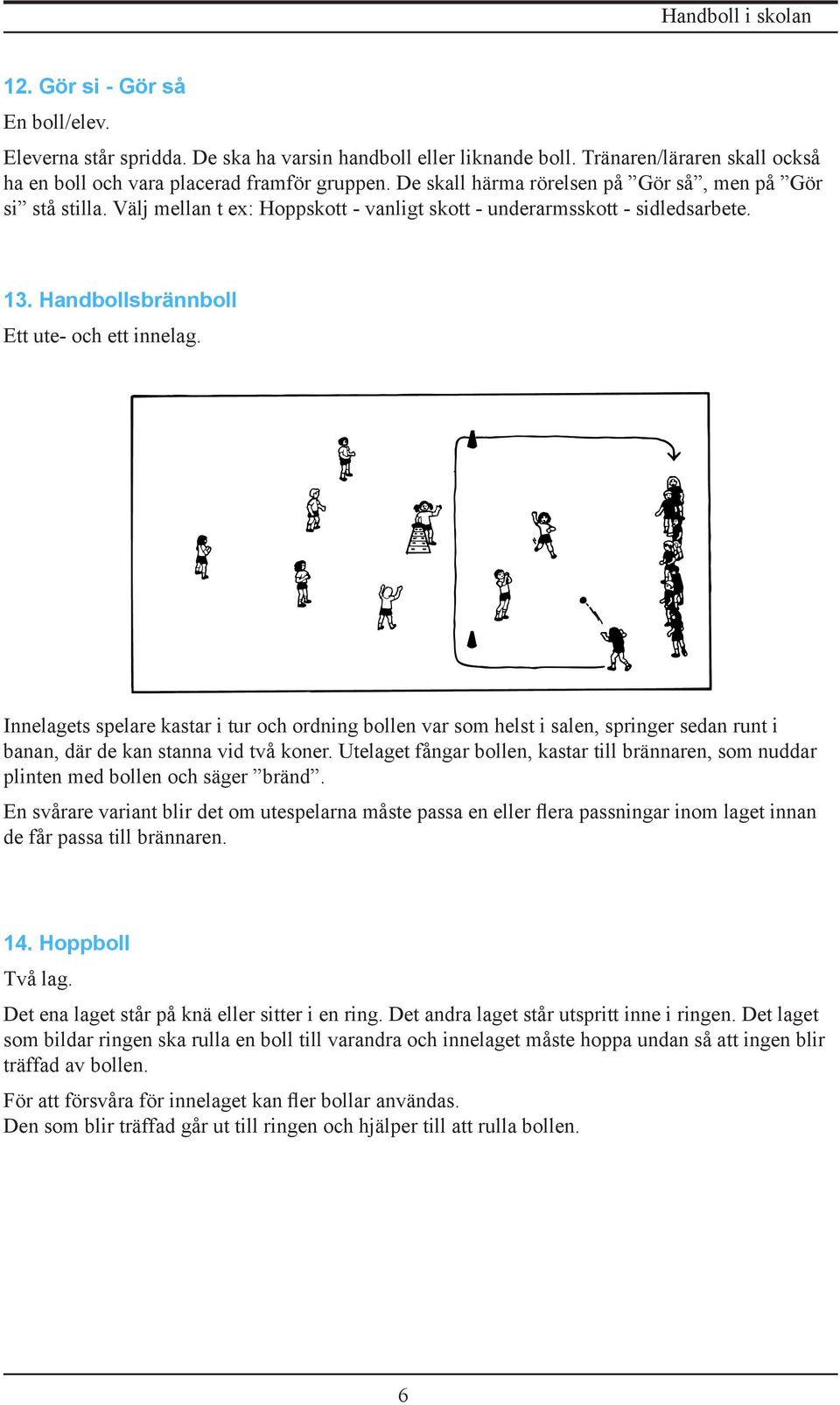 Innelagets spelare kastar i tur och ordning bollen var som helst i salen, springer sedan runt i banan, där de kan stanna vid två koner.