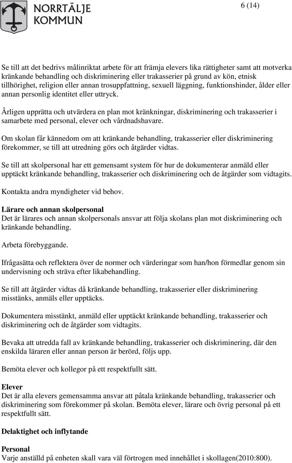 Årligen upprätta och utvärdera en plan mot kränkningar, diskriminering och trakasserier i samarbete med personal, elever och vårdnadshavare.