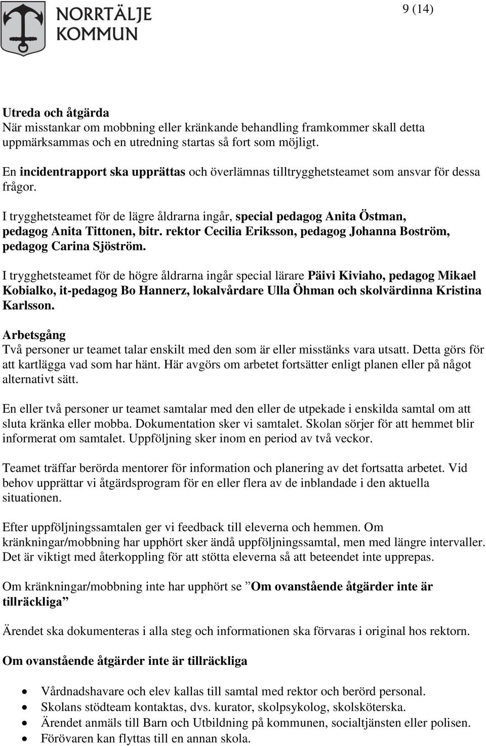 I trygghetsteamet för de lägre åldrarna ingår, special pedagog Anita Östman, pedagog Anita Tittonen, bitr. rektor Cecilia Eriksson, pedagog Johanna Boström, pedagog Carina Sjöström.