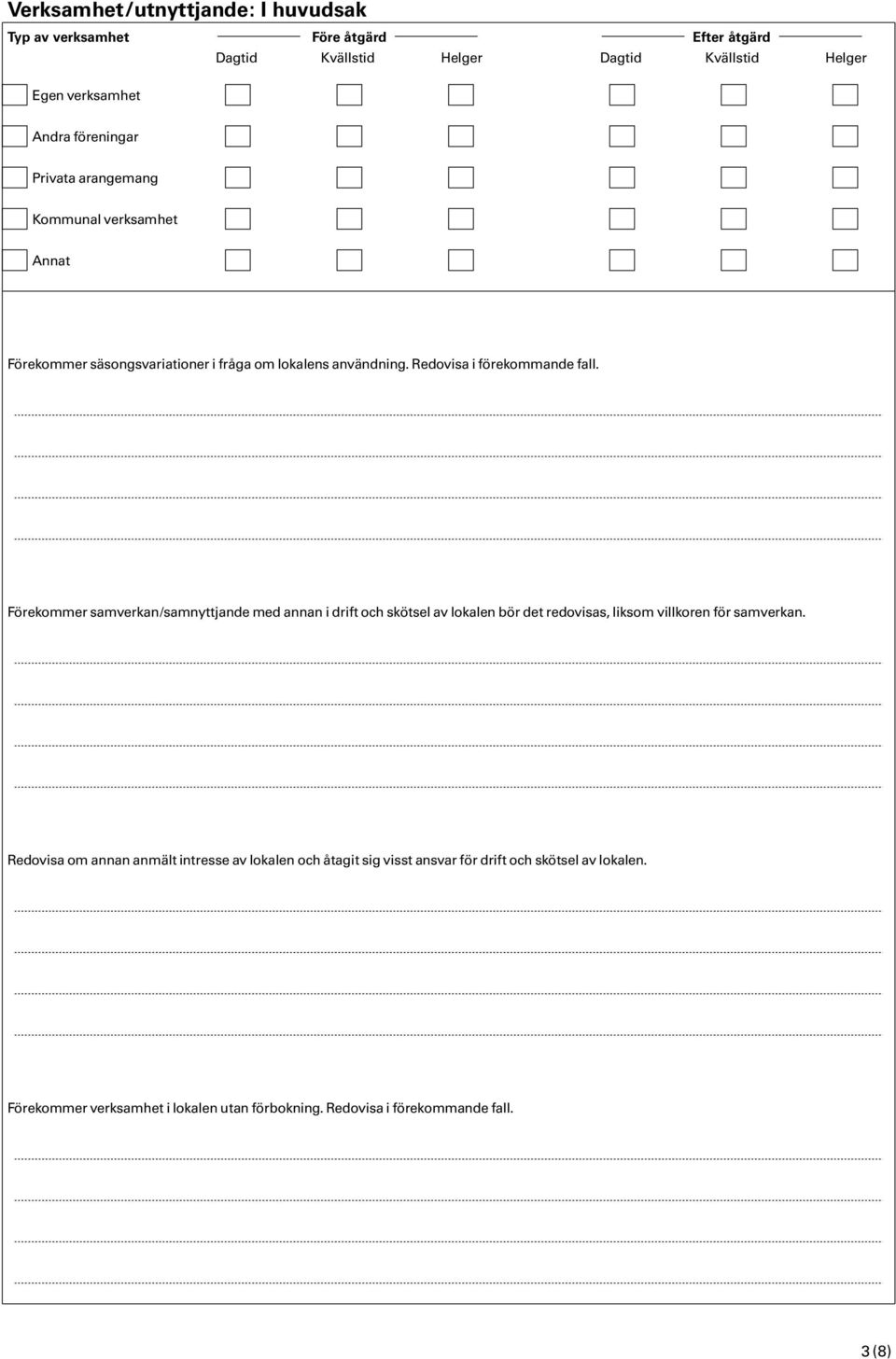 Förekommer samverkan/samnyttjande med annan i drift och skötsel av lokalen bör det redovisas, liksom villkoren för samverkan.