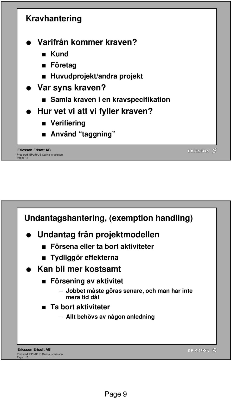 Verifiering Använd taggning Page: 17 Undantagshantering, (exemption handling) Undantag från projektmodellen Försena eller