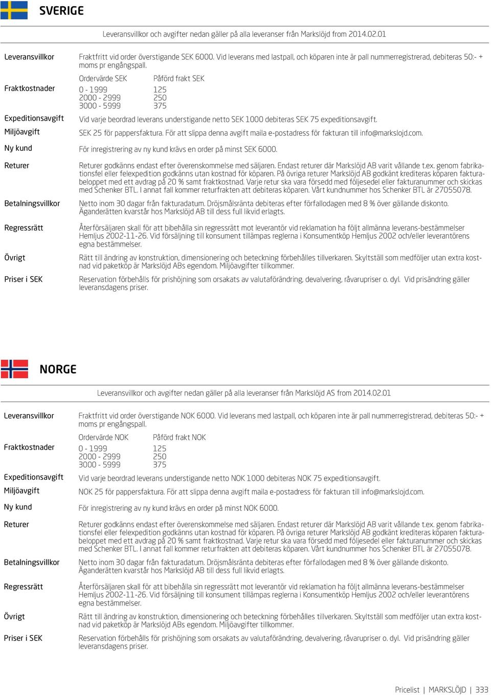 Fraktkostnader Expeditionsavgift Miljöavgift Ordervärde SEK 0-1999 2000-2999 3000-5999 Påförd frakt SEK 125 250 375 Vid varje beordrad leverans understigande netto SEK 1000 debiteras SEK 75