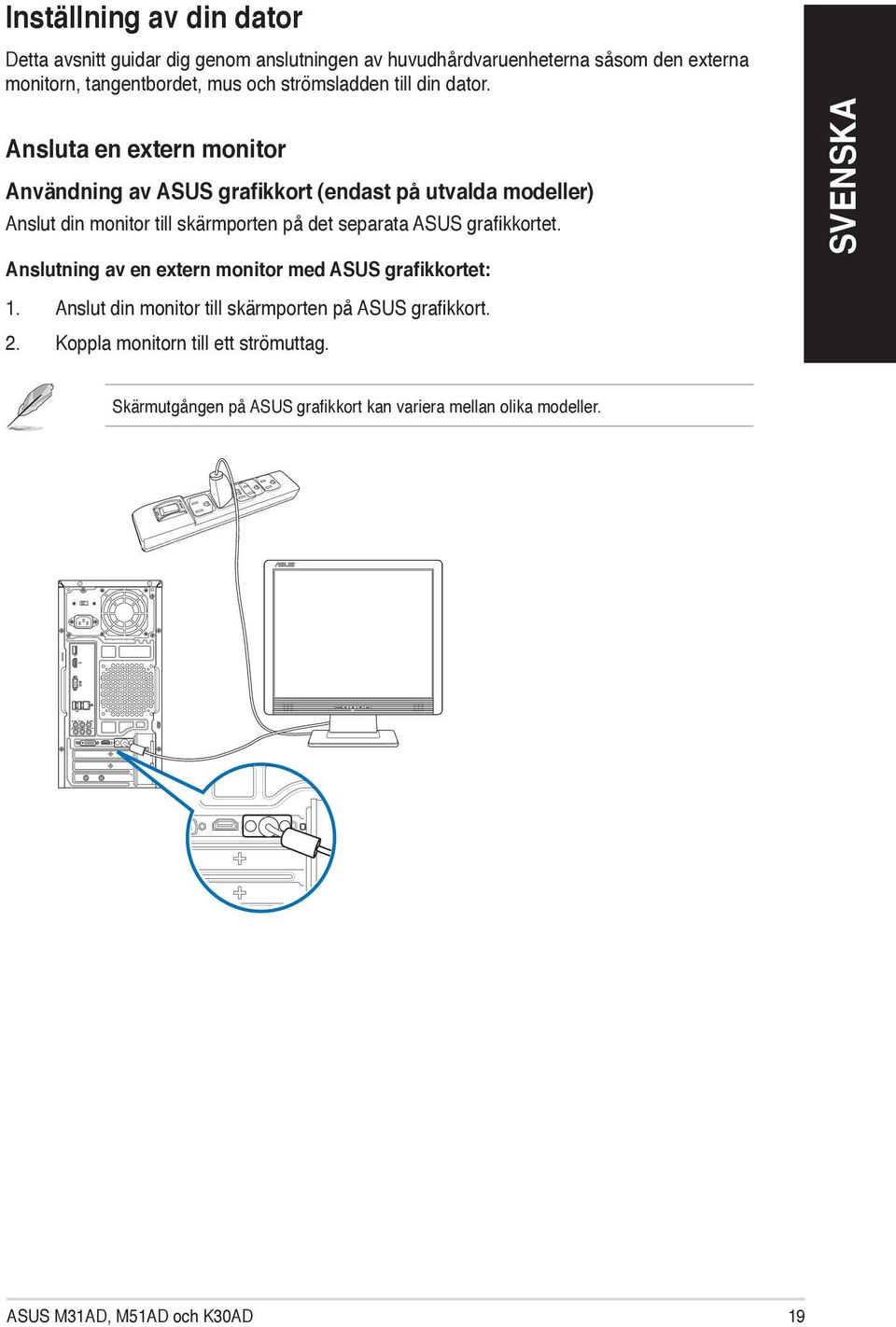 Ansluta en extern monitor Användning av ASUS grafikkort (endast på utvalda modeller) Anslut din monitor till skärmporten på det separata ASUS