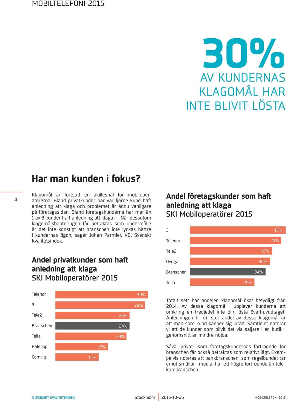När dessutom klagomålshanteringen får betraktas som undermålig är det inte konstigt att branschen inte lyckas bättre i kundernas ögon, säger Johan Parmler, VD, Svenskt Kvalitetsindex.