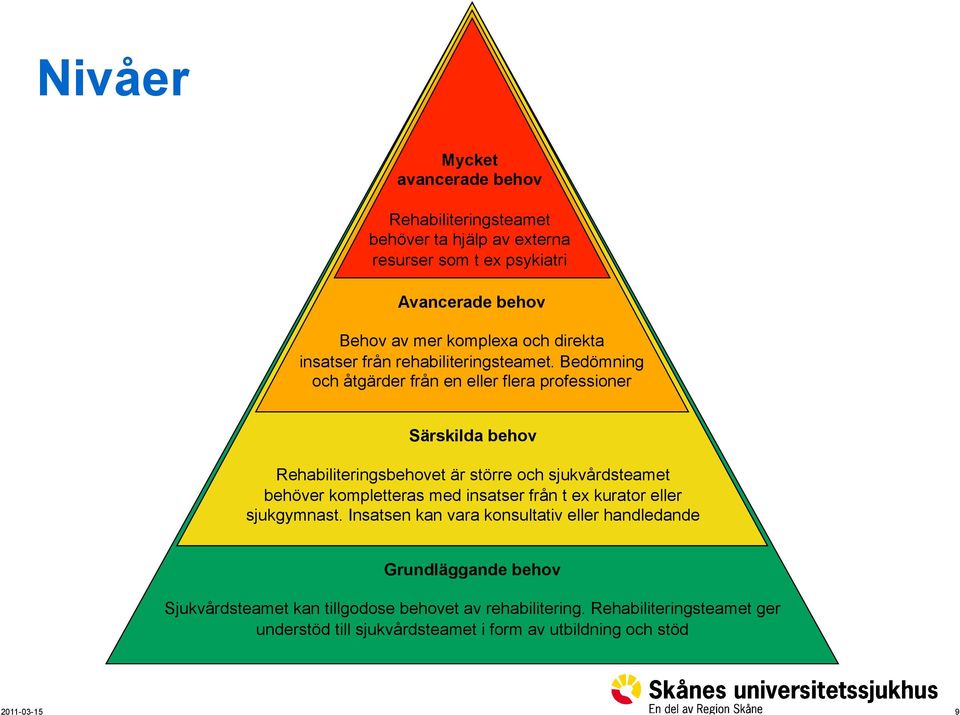 Bedömning och åtgärder från en eller flera professioner Särskilda behov Rehabiliteringsbehovet är större och sjukvårdsteamet behöver kompletteras med