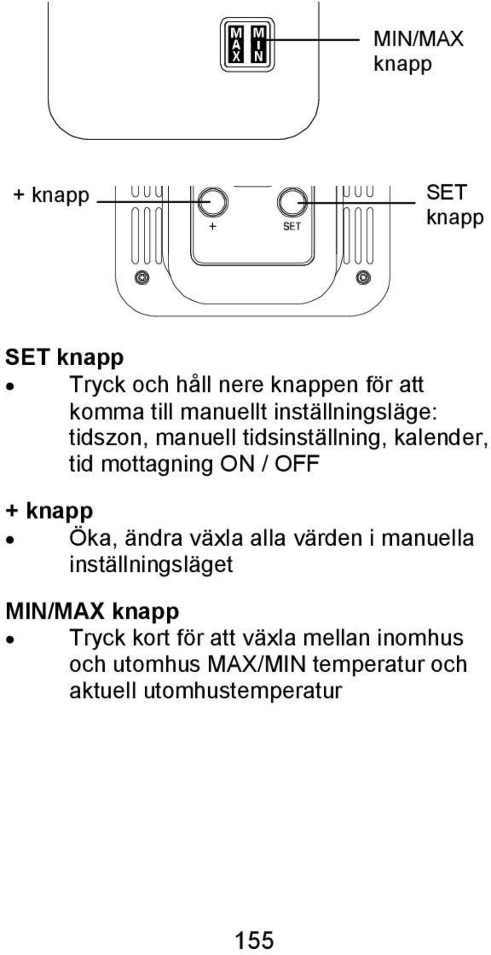 OFF + knapp Öka, ändra växla alla värden i manuella inställningsläget MIN/MAX knapp Tryck