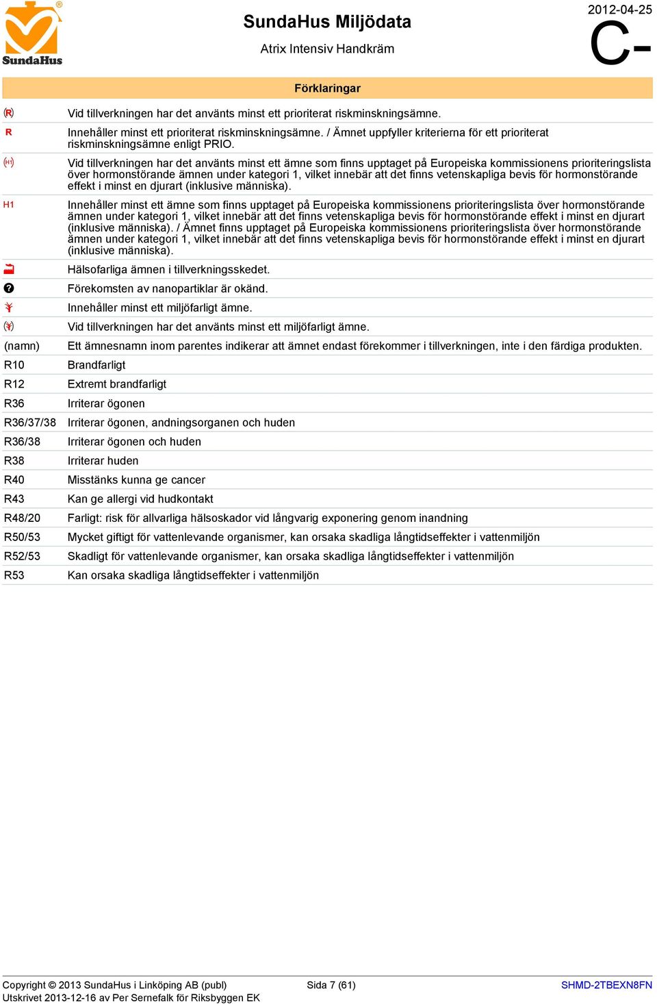 Vid tillverkningen har det använts minst ett ämne som finns upptaget på Europeiska kommissionens prioriteringslista över hormonstörande ämnen under kategori 1, vilket innebär att det finns