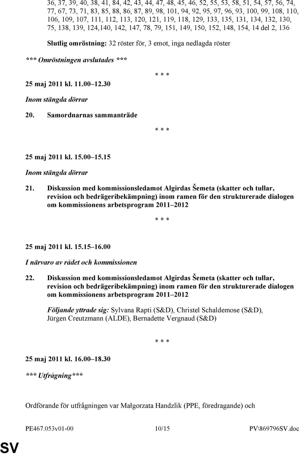 inga nedlagda röster *** Omröstningen avslutades *** 25 maj 2011 kl. 11.00 12.30 Inom stängda dörrar 20. Samordnarnas sammanträde 25 maj 2011 kl. 15.00 15.15 Inom stängda dörrar 21.