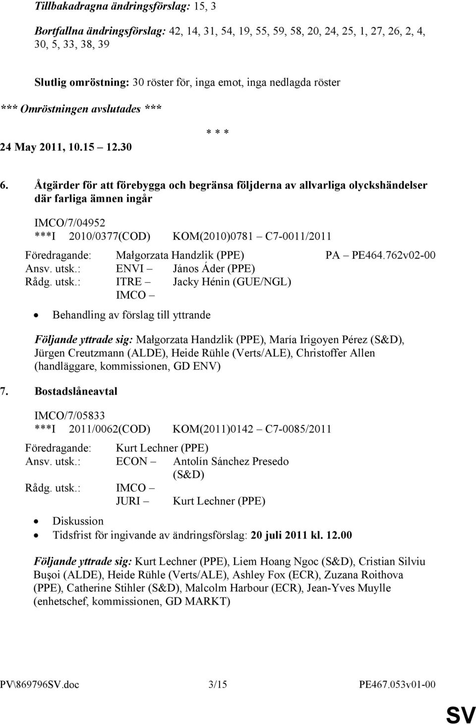 Åtgärder för att förebygga och begränsa följderna av allvarliga olyckshändelser där farliga ämnen ingår IMCO/7/04952 ***I 2010/0377(COD) KOM(2010)0781 C7-0011/2011 Föredragande: Małgorzata Handzlik