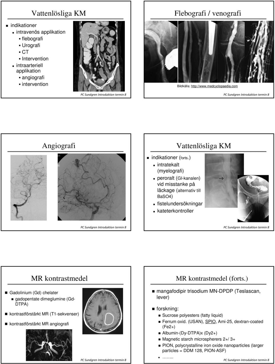 ) intratekalt (myelografi) peroralt (GI-kanalen) vid misstanke på läckage (alternativ till BaSO4) fistelundersökningar kateterkontroller MR kontrastmedel Gadolinium (Gd) chelater gadopentate