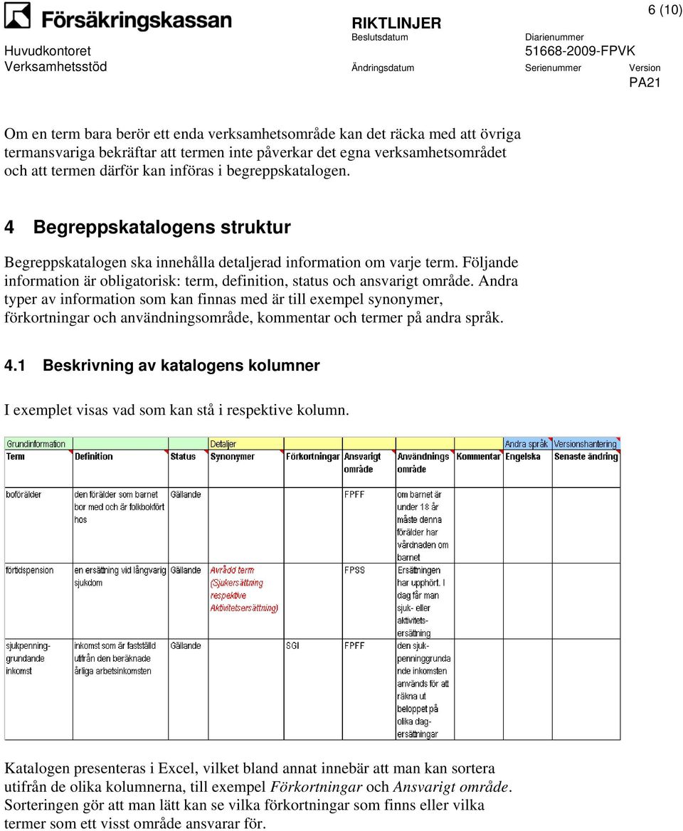 Följande information är obligatorisk: term, definition, status och ansvarigt område.