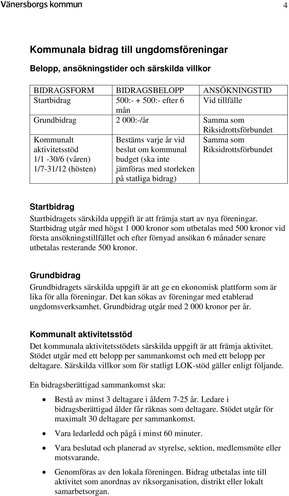 bidrag) Samma som Riksidrottsförbundet Startbidrag Startbidragets särskilda uppgift är att främja start av nya föreningar.