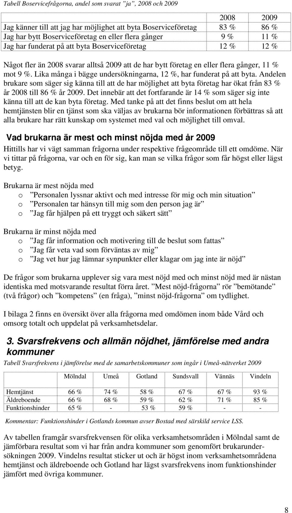 Lika många i bägge undersökningarna, 12 %, har funderat på att byta. Andelen brukare som säger sig känna till att de har möjlighet att byta företag har ökat från 83 % år 2008 till 86 % år 2009.