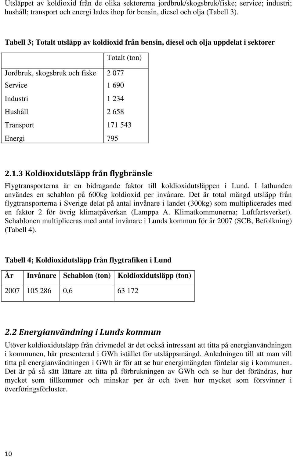 Energi 795 2.1.3 Koldioxidutsläpp från flygbränsle Flygtransporterna är en bidragande faktor till koldioxidutsläppen i Lund. I lathunden användes en schablon på 600kg koldioxid per invånare.