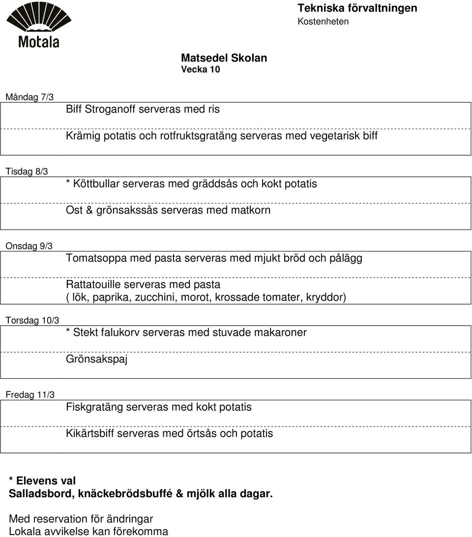 mjukt bröd och pålägg Rattatouille serveras med pasta ( lök, paprika, zucchini, morot, krossade tomater, kryddor) Torsdag 10/3 * Stekt