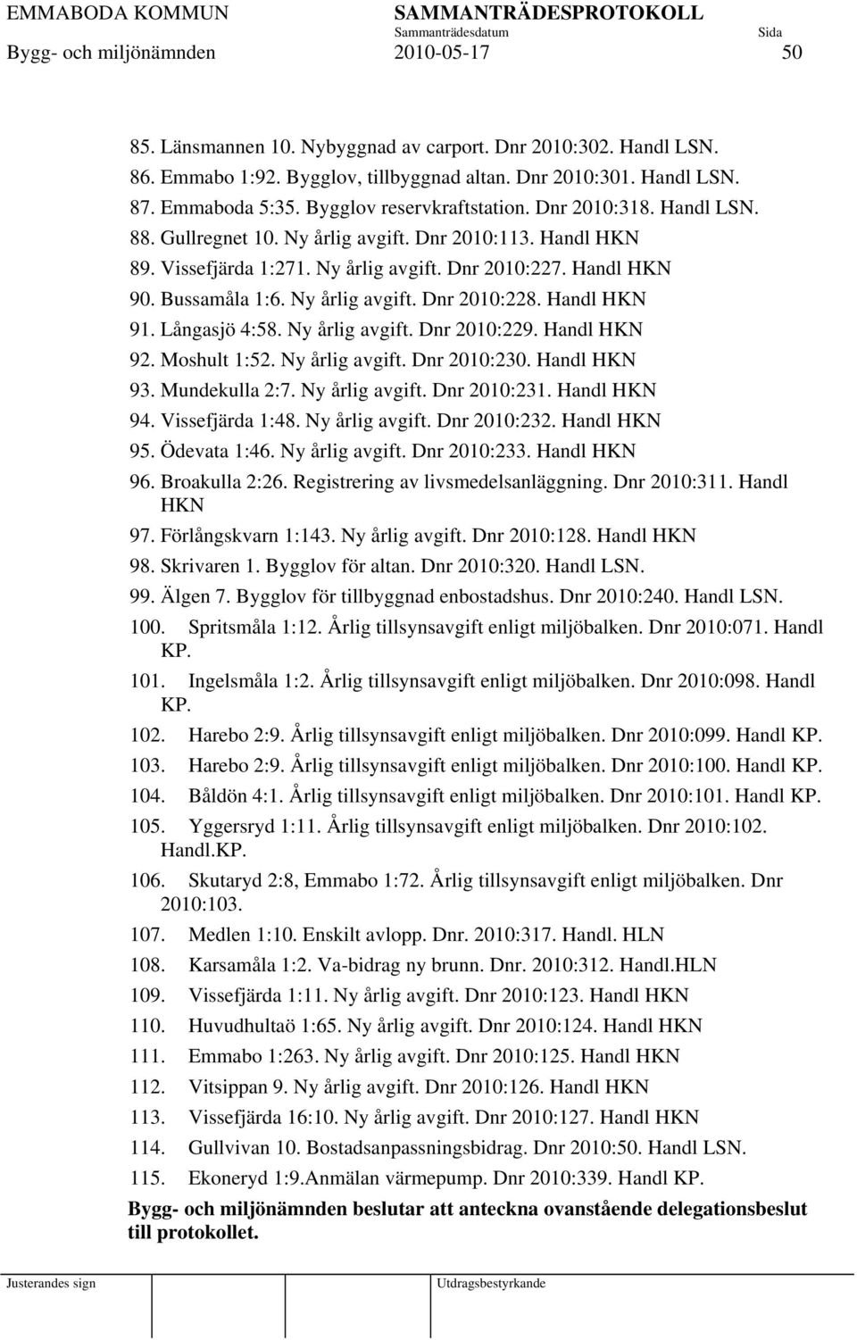Ny årlig avgift. Dnr 2010:228. Handl HKN 91. Långasjö 4:58. Ny årlig avgift. Dnr 2010:229. Handl HKN 92. Moshult 1:52. Ny årlig avgift. Dnr 2010:230. Handl HKN 93. Mundekulla 2:7. Ny årlig avgift. Dnr 2010:231.