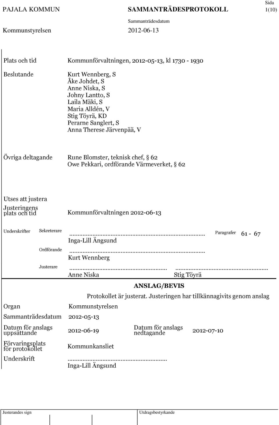och tid Kommunförvaltningen 2012-06-13 Underskrifter Sekreterare... Paragrafer 61-67 Inga-Lill Ängsund Ordförande... Kurt Wennberg Justerare.