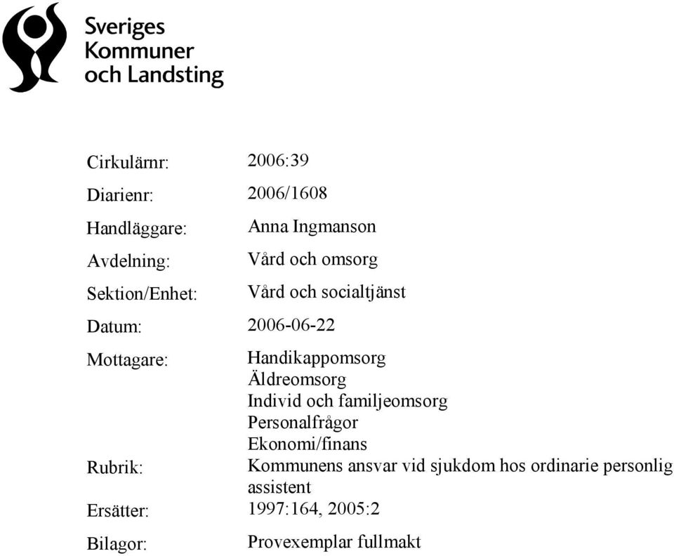 Äldreomsorg Individ och familjeomsorg Personalfrågor Ekonomi/finans Rubrik: Kommunens ansvar