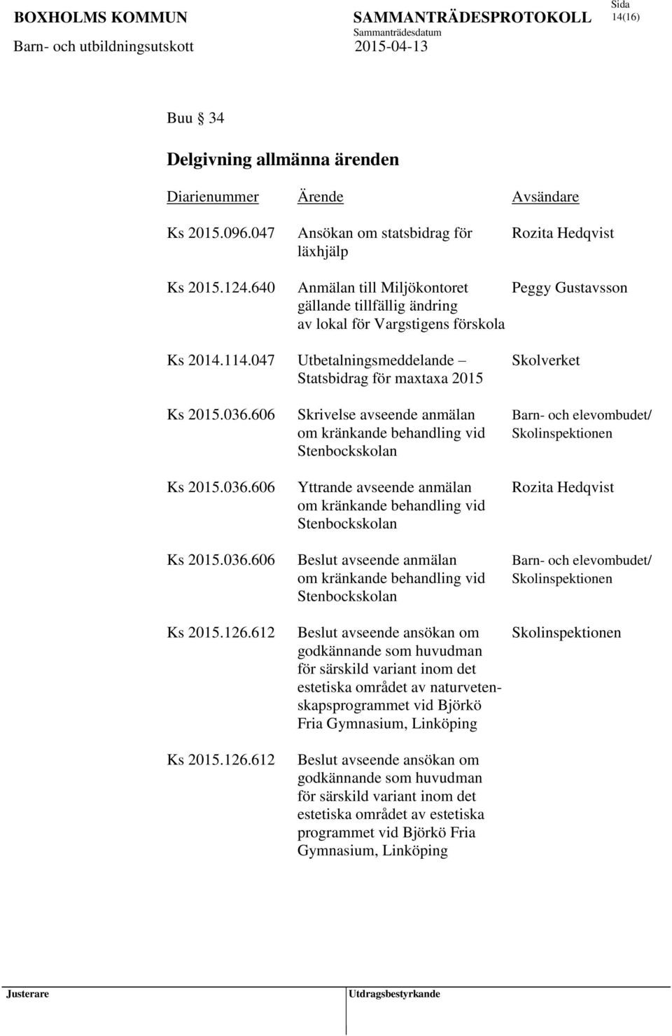 036.606 Skrivelse avseende anmälan Barn- och elevombudet/ om kränkande behandling vid Skolinspektionen Stenbockskolan Ks 2015.036.606 Yttrande avseende anmälan Rozita Hedqvist om kränkande behandling vid Stenbockskolan Ks 2015.