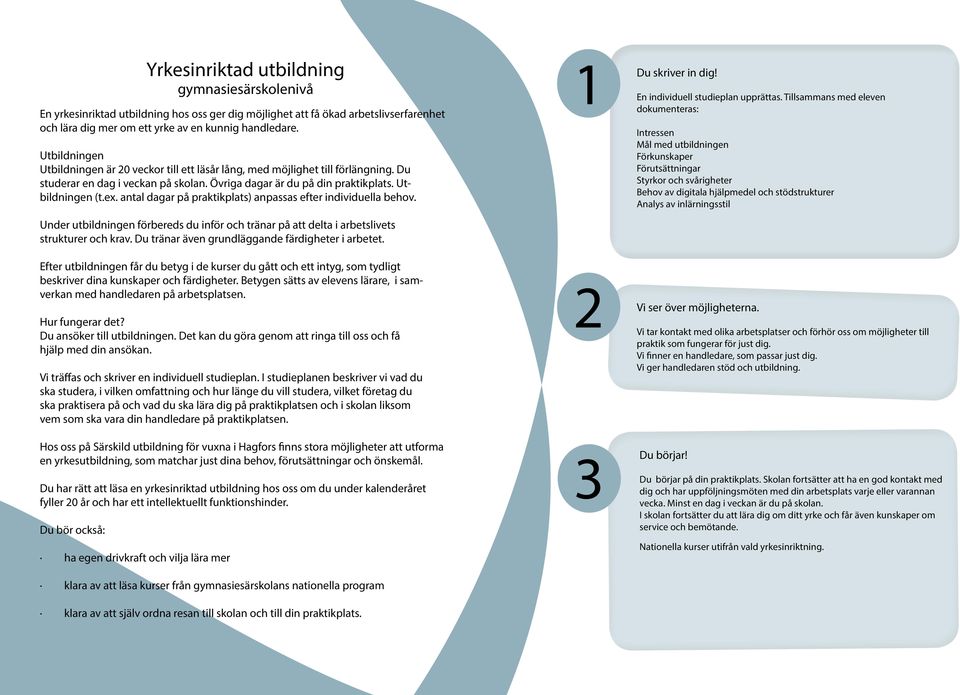 antal dagar på praktikplats) anpassas efter individuella behov. Under utbildningen förbereds du inför och tränar på att delta i arbetslivets strukturer och krav.