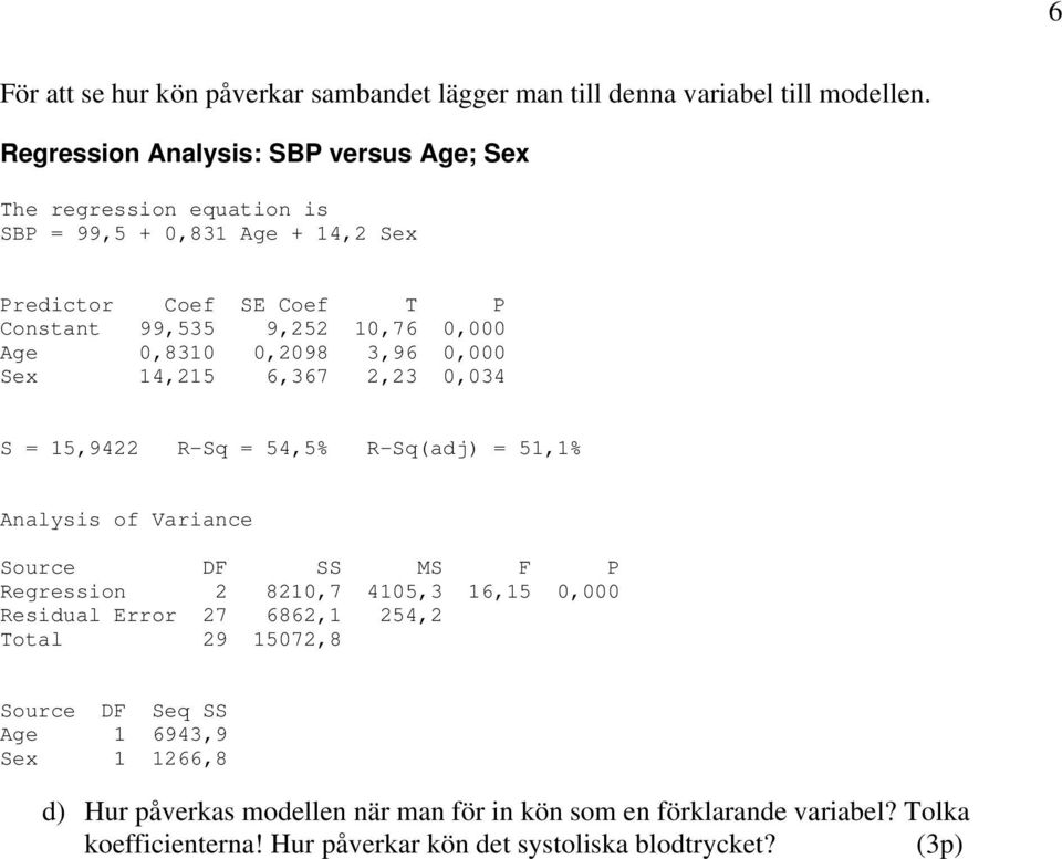 0,8310 0,2098 3,96 0,000 Sex 14,215 6,367 2,23 0,034 S = 15,9422 R-Sq = 54,5% R-Sq(adj) = 51,1% Analysis of Variance Source DF SS MS F P Regression 2 8210,7 4105,3