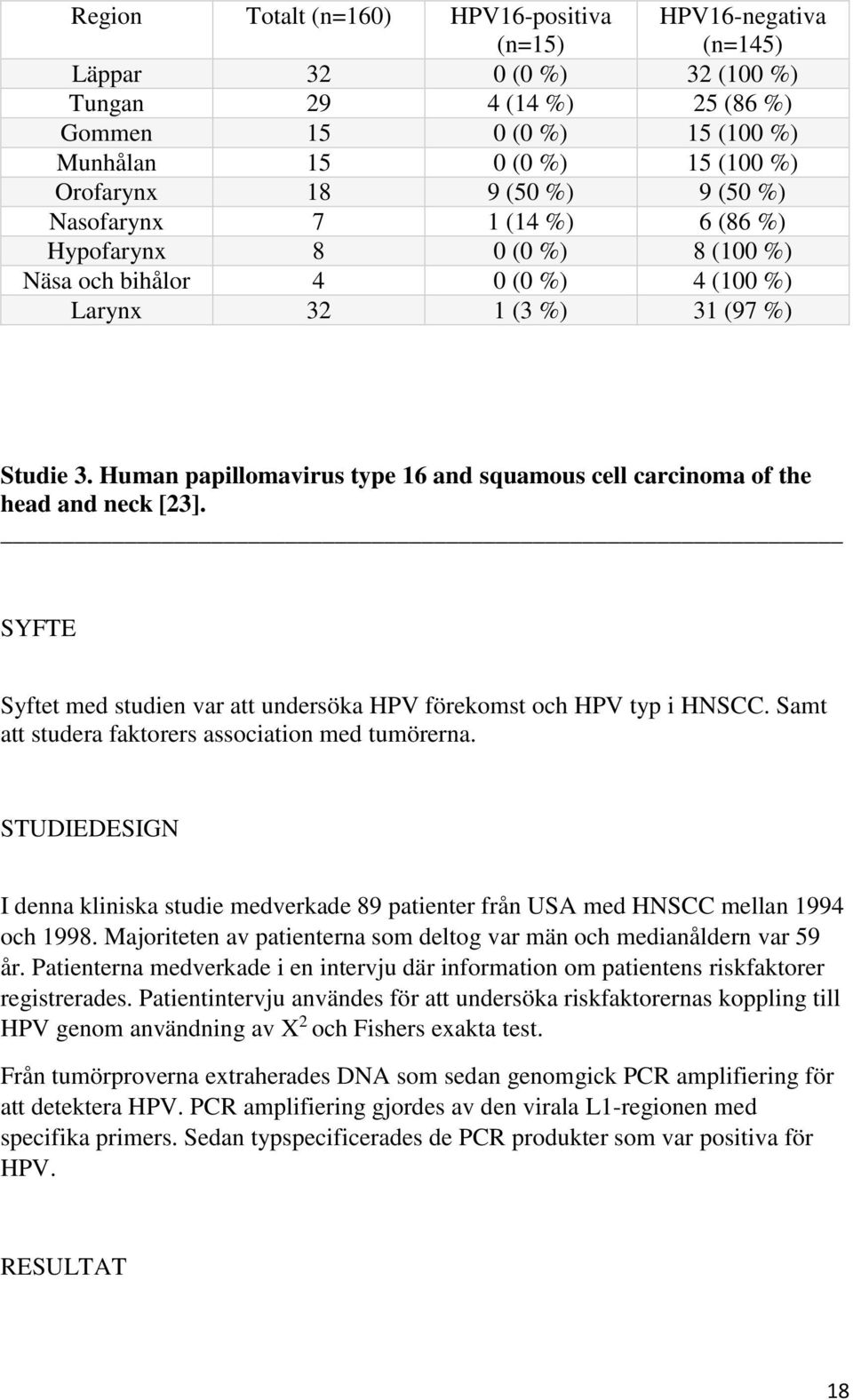 Human papillomavirus type 16 and squamous cell carcinoma of the head and neck [23]. SYFTE Syftet med studien var att undersöka HPV förekomst och HPV typ i HNSCC.