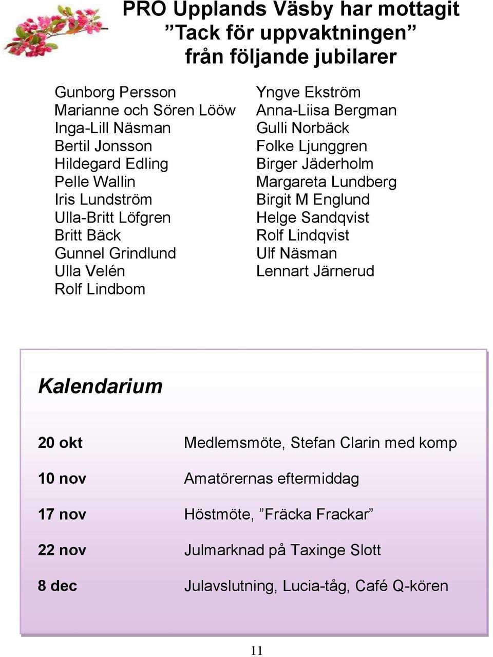Ljunggren Birger Jäderholm Margareta Lundberg Birgit M Englund Helge Sandqvist Rolf Lindqvist Ulf Näsman Lennart Järnerud Kalendarium 20 okt Medlemsmöte, Stefan