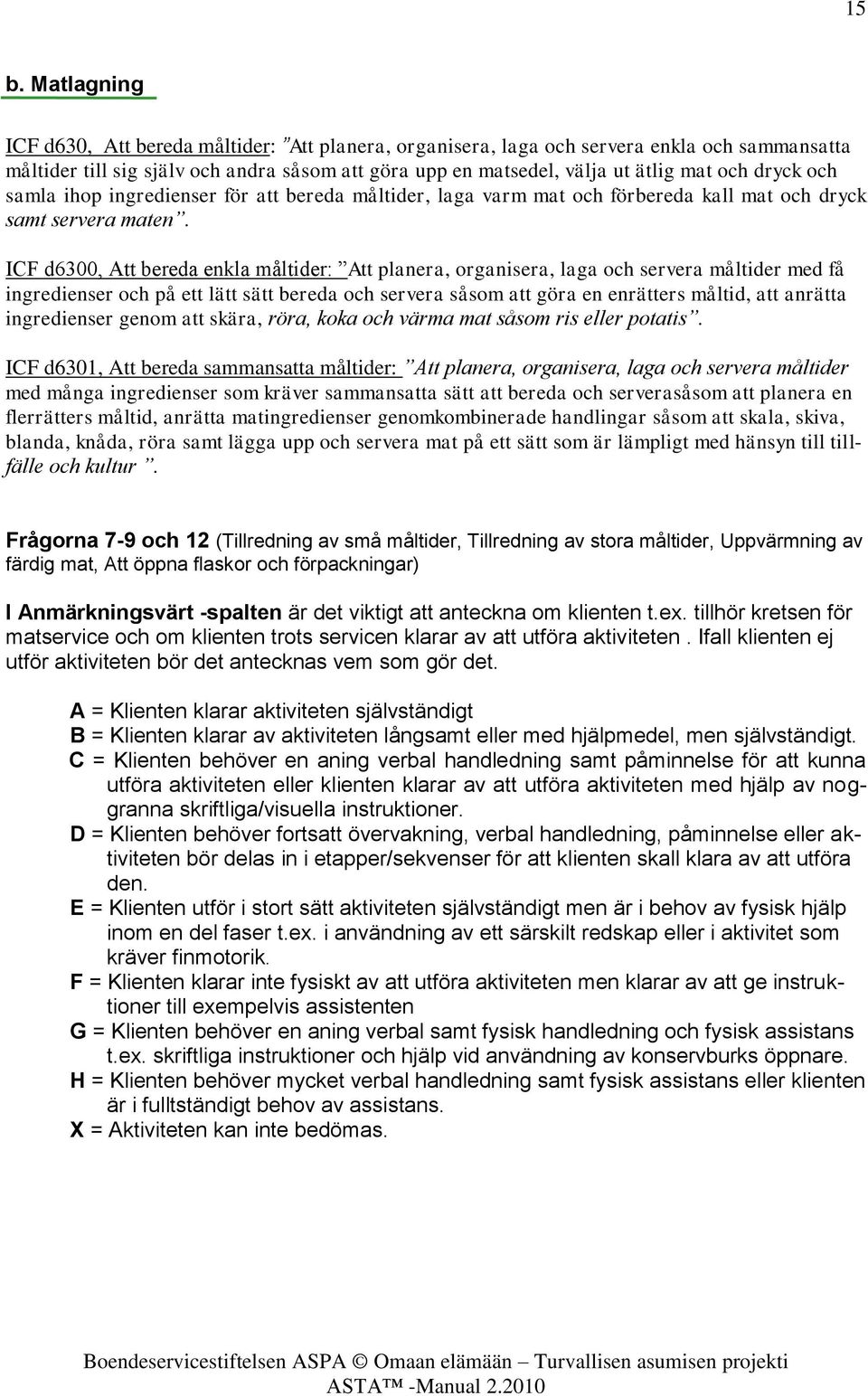 ICF d6300, Att bereda enkla måltider: Att planera, organisera, laga och servera måltider med få ingredienser och på ett lätt sätt bereda och servera såsom att göra en enrätters måltid, att anrätta