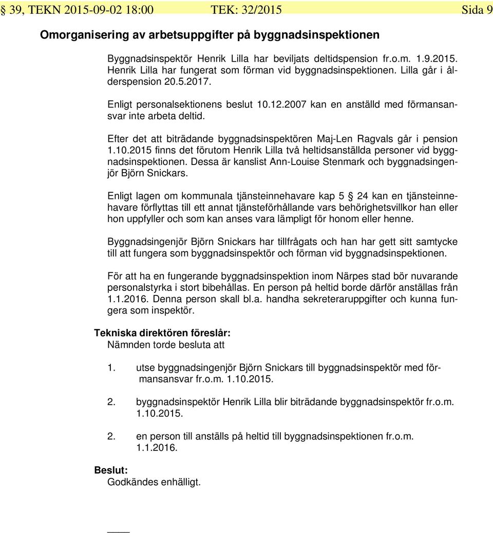 Efter det att biträdande byggnadsinspektören Maj-Len Ragvals går i pension 1.10.2015 finns det förutom Henrik Lilla två heltidsanställda personer vid byggnadsinspektionen.