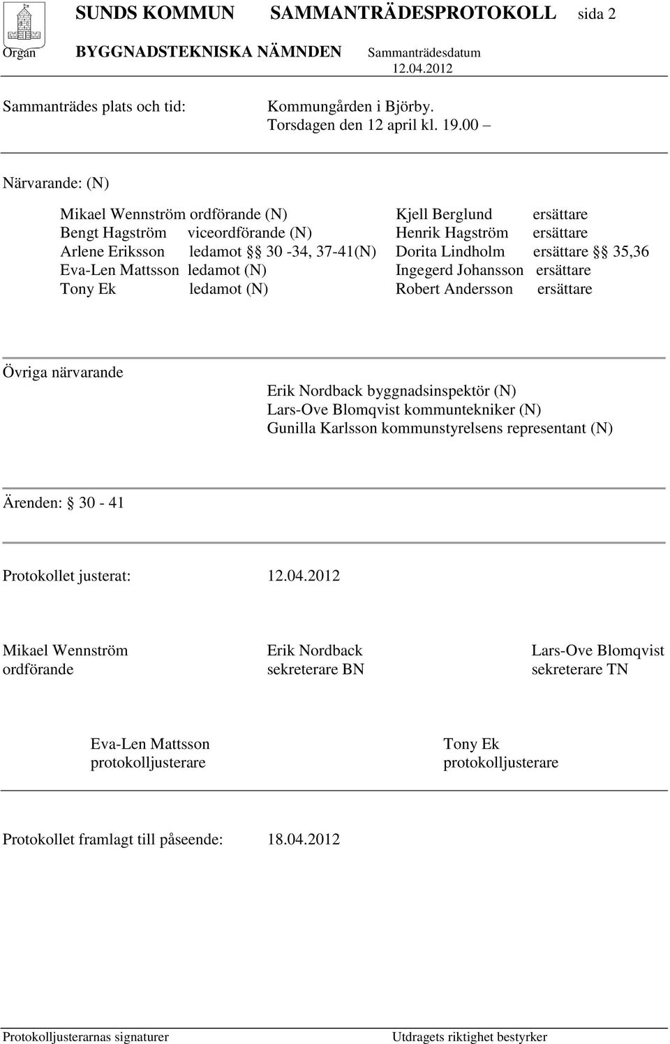 ersättare 35,36 Eva-Len Mattsson ledamot (N) Ingegerd Johansson ersättare Tony Ek ledamot (N) Robert Andersson ersättare Övriga närvarande Erik Nordback byggnadsinspektör (N) Lars-Ove Blomqvist