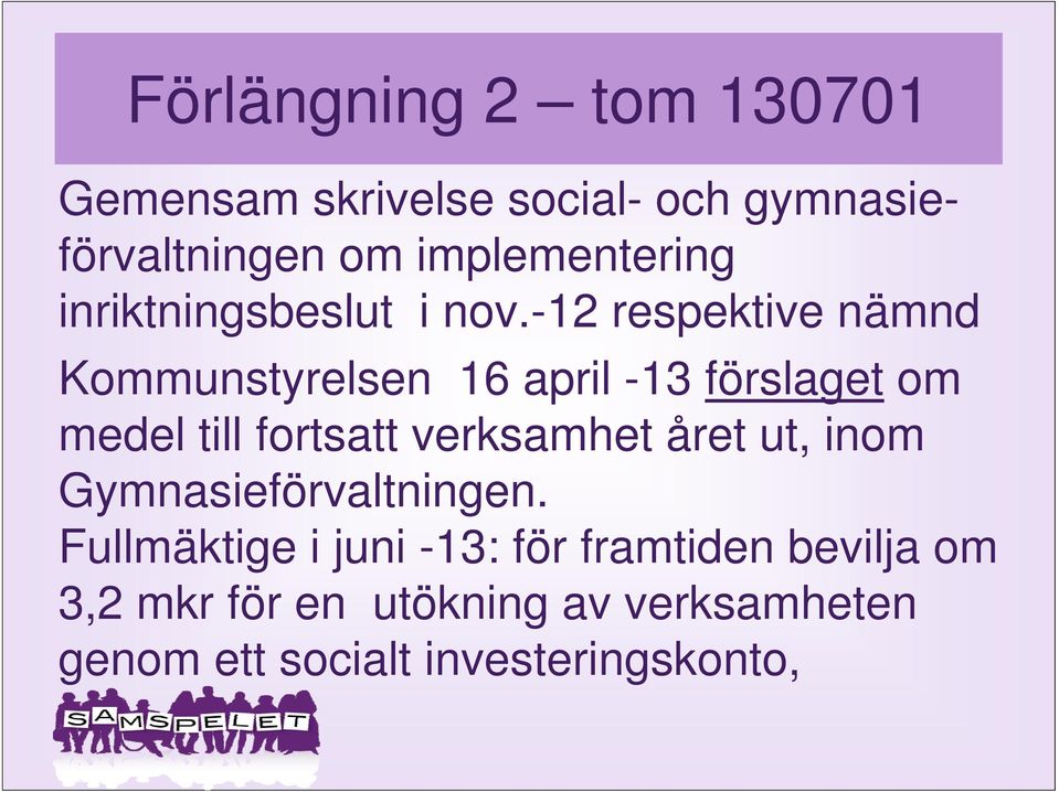 -12 respektive nämnd Kommunstyrelsen 16 april -13 förslaget om medel till fortsatt verksamhet