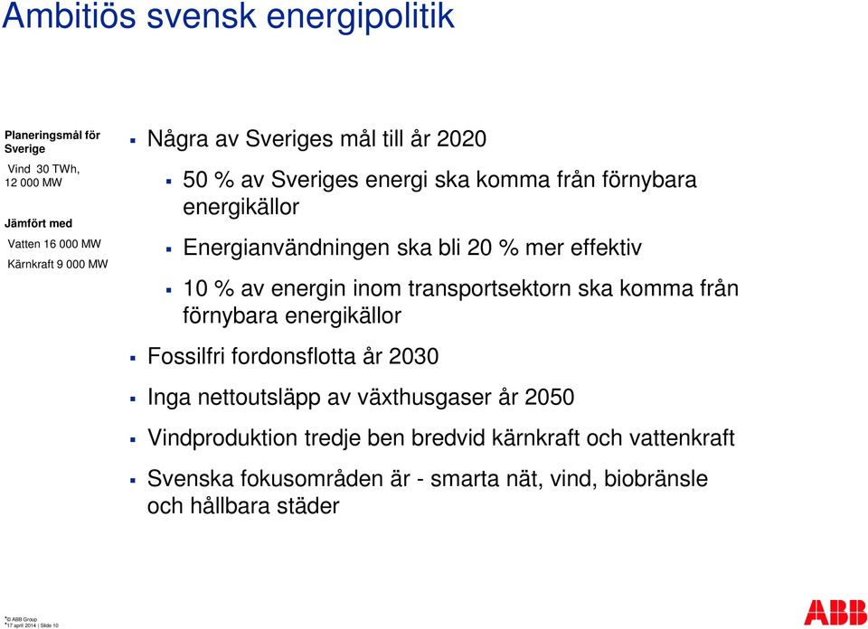 energin inom transportsektorn ska komma från förnybara energikällor Fossilfri fordonsflotta år 2030 Inga nettoutsläpp av växthusgaser år 2050