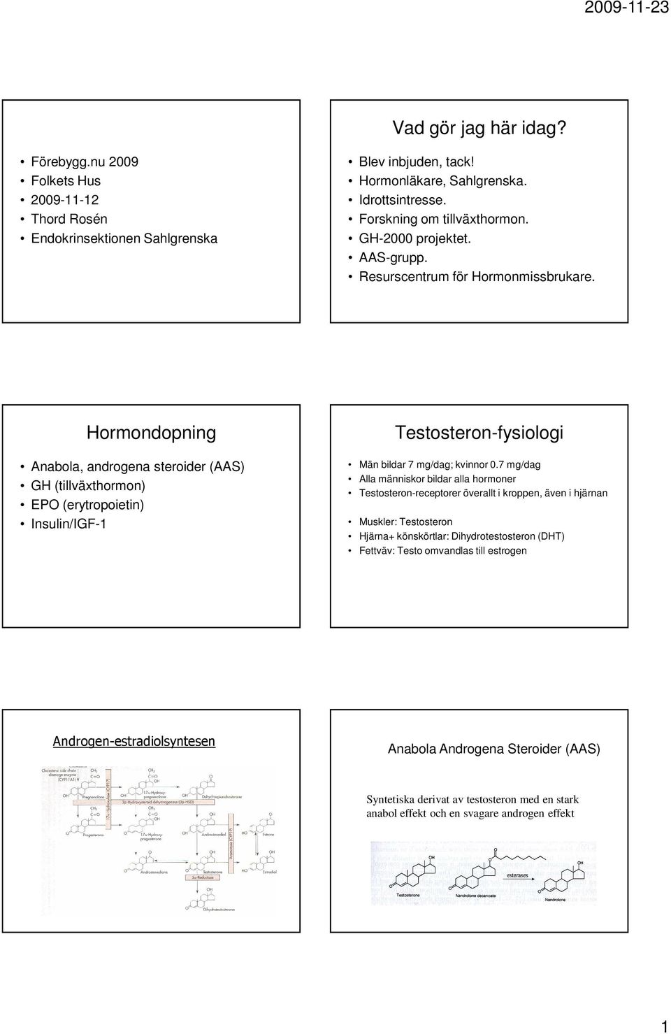 Hormondopning Anabola, androgena steroider (AAS) GH (tillväxthormon) EPO (erytropoietin) Insulin/IGF-1 Testosteron-fysiologi Män bildar 7 mg/dag; kvinnor 0.