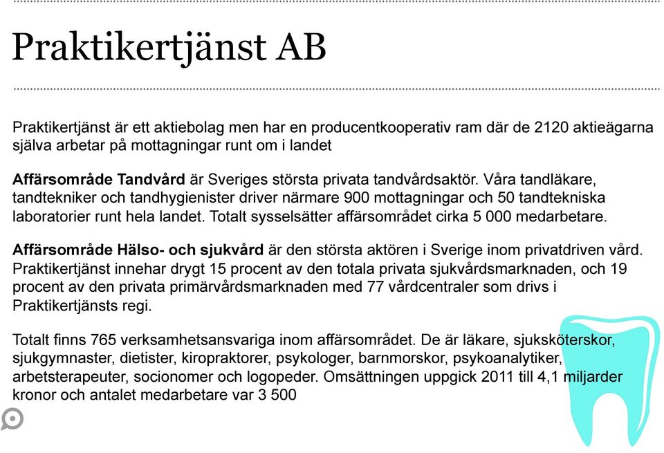 Totalt sysselsätter affärsområdet cirka 5 000 medarbetare. Affärsområde Hälso- och sjukvård är den största aktören i Sverige inom privatdriven vård.