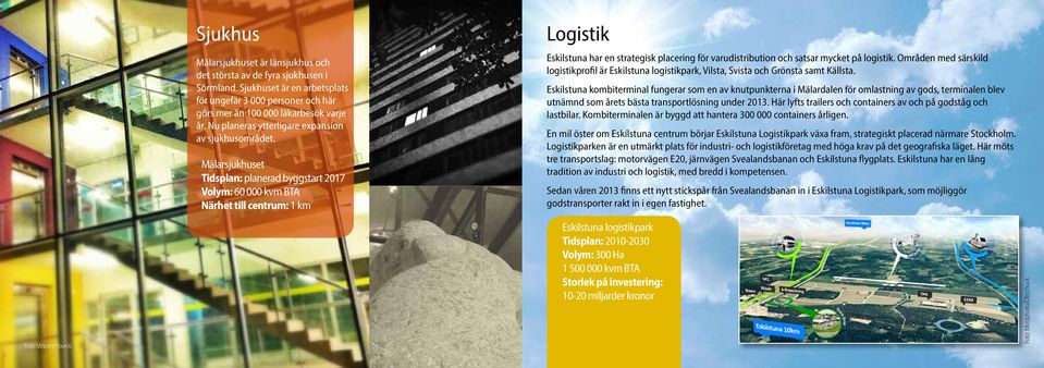 Mälarsjukhuset Tidsplan: planerad byggstart 2017 Volym: 60 000 kvm BTA Närhet till centrum: 1 km Logistik Eskilstuna har en strategisk placering för varudistribution och satsar mycket på logistik.