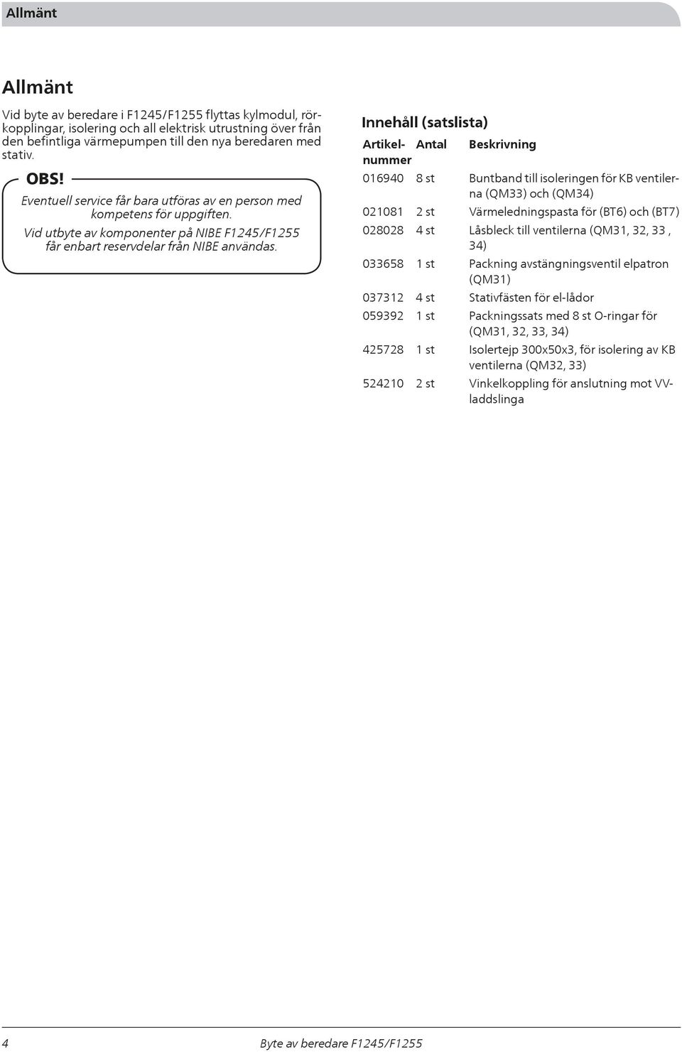 Innehåll (satslista) rtikelnummer 016940 021081 028028 033658 037312 059392 425728 524210 ntal 8st 2st 4st 1st 4st 1st 1st 2st eskrivning untband till isoleringen för K ventilerna (QM33) och (QM34)