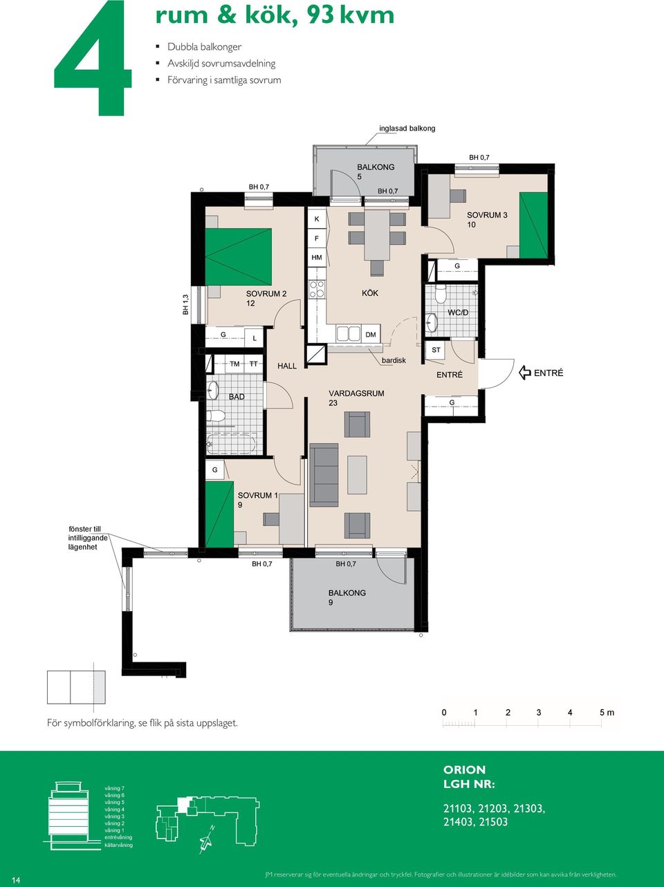 BALKON 8 BH,5 BH,7 m bardisk VARDASRUM bardisk SOVRUM K/F ST L S fönster till intilliggande lägenhet fönster till intilliggande lägenhet DM KÖK HALL BAD EL/IT KM För symbolförklaring, se flik på