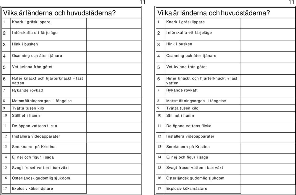 Matsmältningsorgan i fängelse 9 Tvätta tusen kilo 10 Stillhet i hamn 11 De öppna vattens flicka 12 Installera videoapparater 13 Smeknamn på Kristina 14 Ej nej och figur i saga 15 Svagt fruset vatten